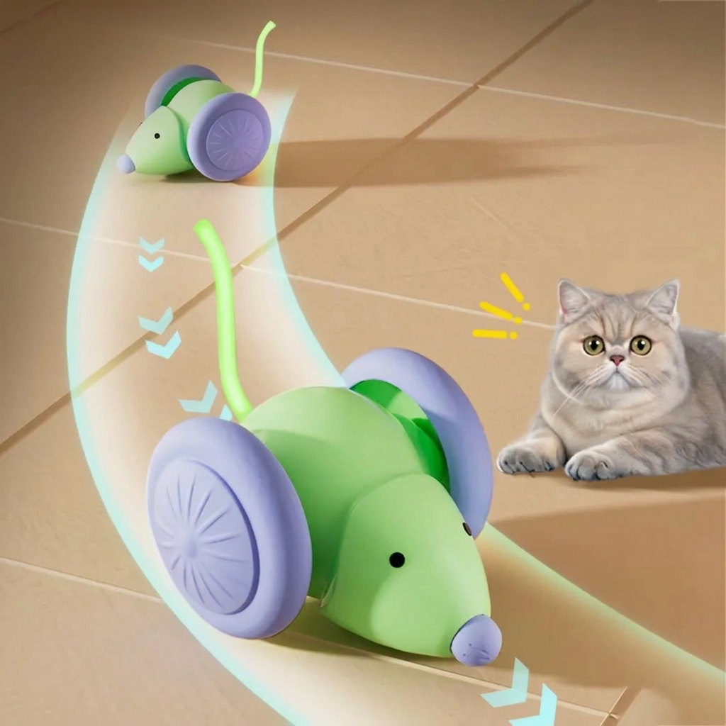 PawPulse smart mouse chasing across floor with curious cat watching