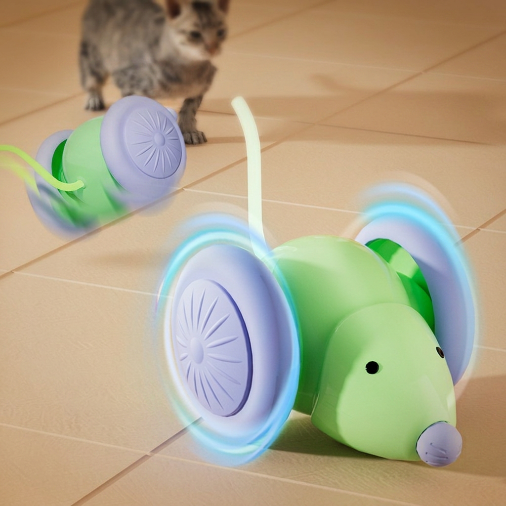 Close-up of the PawPulse mouse oversized wheels with anti-tangle hub